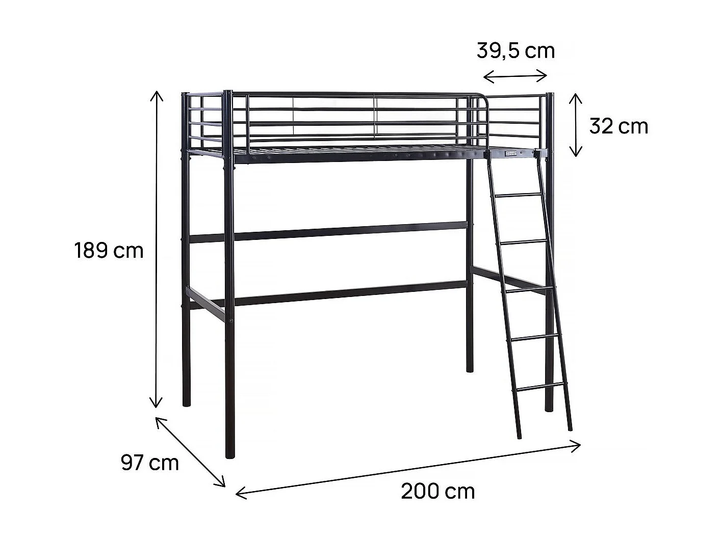 Lit mezzanine en métal "Alora" - 90 x 190 cm - Noir