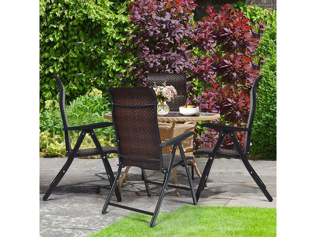 Chaise de Jardin Pliante en Rotin et fibre naturelle, Fauteuil d’Extérieur avec Dossier Réglable et Cadre en Métal, pour Patio, Terrasse, Marron (1 Chaise)