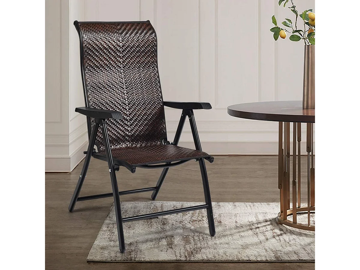 Chaise de Jardin Pliante en Rotin et fibre naturelle, Fauteuil d’Extérieur avec Dossier Réglable et Cadre en Métal, pour Patio, Terrasse, Marron (1 Chaise)