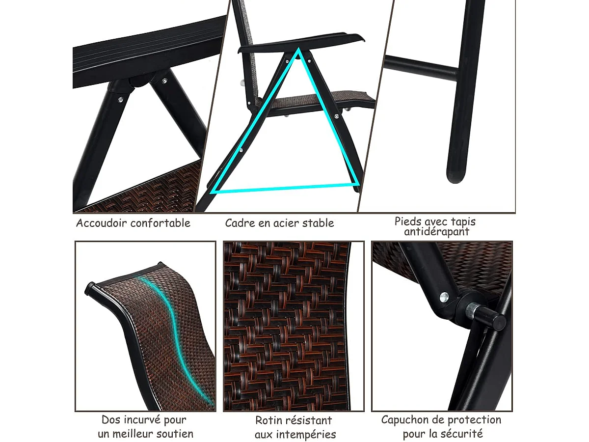 Chaise de Jardin Pliante en Rotin et fibre naturelle, Fauteuil d’Extérieur avec Dossier Réglable et Cadre en Métal, pour Patio, Terrasse, Marron (1 Chaise)