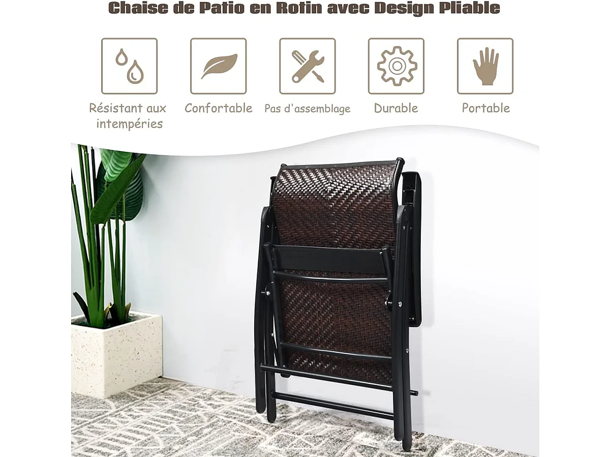 Chaise de Jardin Pliante en Rotin et fibre naturelle, Fauteuil d’Extérieur avec Dossier Réglable et Cadre en Métal, pour Patio, Terrasse, Marron (1 Chaise)