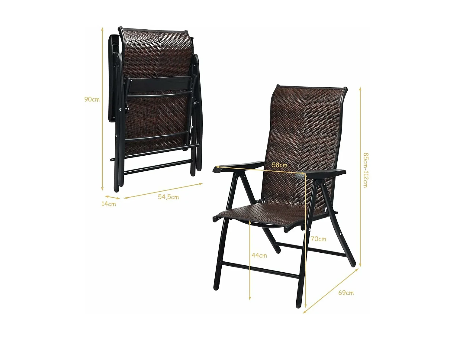 Chaise de Jardin Pliante en Rotin et fibre naturelle, Fauteuil d’Extérieur avec Dossier Réglable et Cadre en Métal, pour Patio, Terrasse, Marron (1 Chaise)