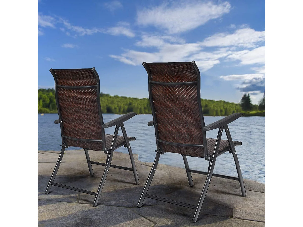 Chaise de Jardin Pliante en Rotin et fibre naturelle, Fauteuil d’Extérieur avec Dossier Réglable et Cadre en Métal, pour Patio, Terrasse, Marron (1 Chaise)