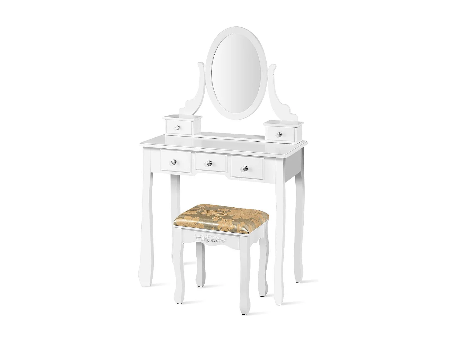 Coiffeuse Table de Maquillage avec Miroir Ovale Pivotant à 360°, 5 Tiroirs Finition Peinte, avec Tabouret Rembourré Finition Peinte, Facile à Monter (Blanc)