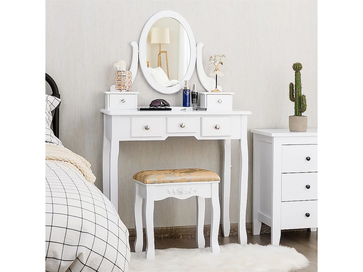 Coiffeuse Table de Maquillage avec Miroir Ovale Pivotant à 360°, 5 Tiroirs Finition Peinte, avec Tabouret Rembourré Finition Peinte, Facile à Monter (Blanc)