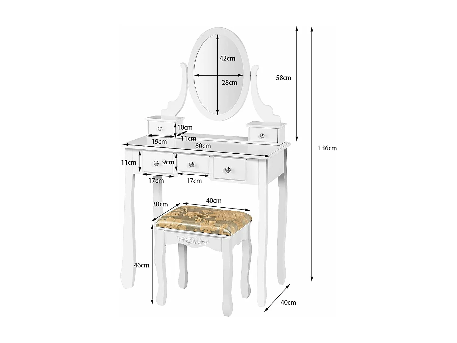 Coiffeuse Table de Maquillage avec Miroir Ovale Pivotant à 360°, 5 Tiroirs Finition Peinte, avec Tabouret Rembourré Finition Peinte, Facile à Monter (Blanc)