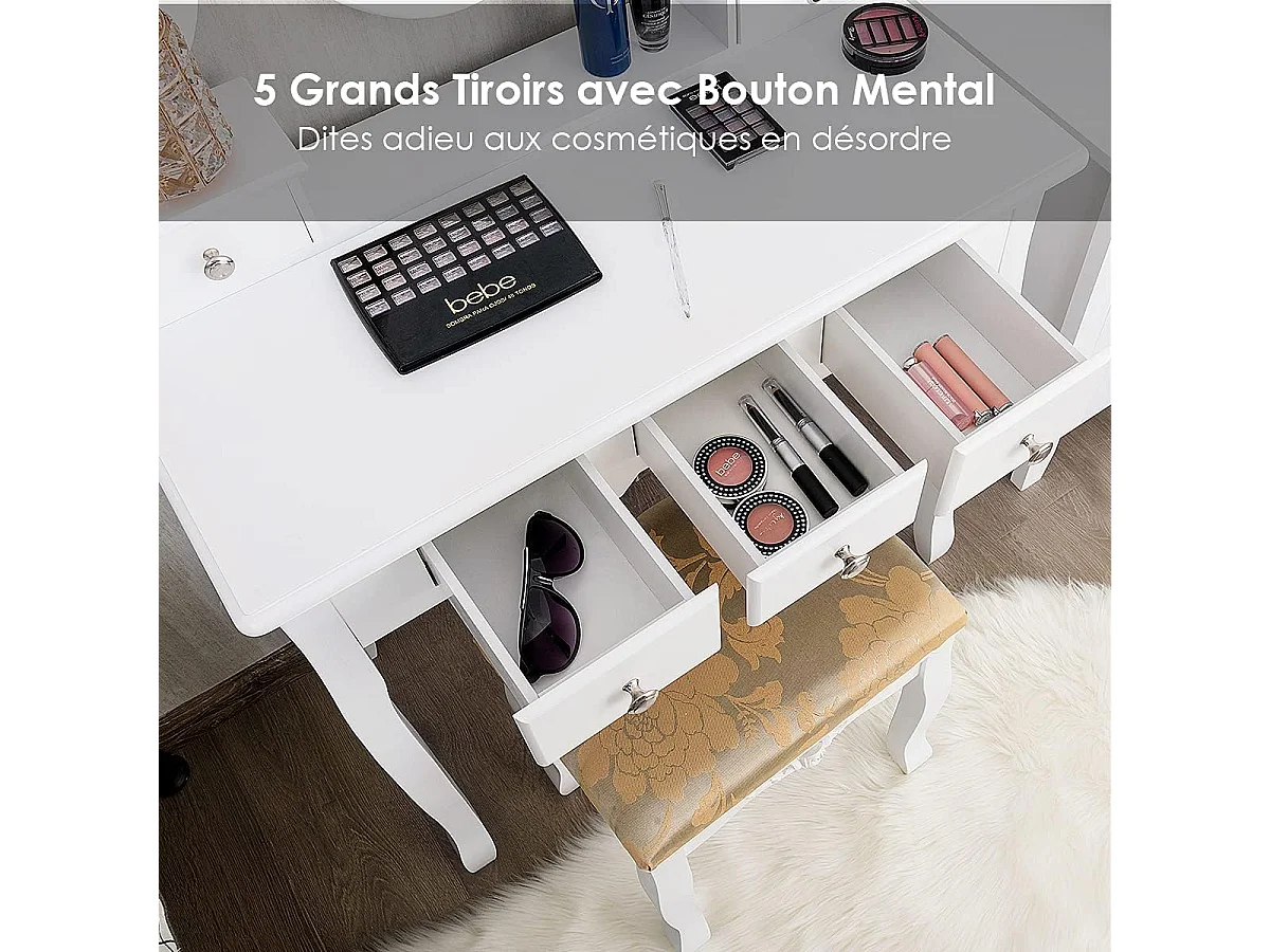 Coiffeuse Table de Maquillage avec Miroir Ovale Pivotant à 360°, 5 Tiroirs Finition Peinte, avec Tabouret Rembourré Finition Peinte, Facile à Monter (Blanc)
