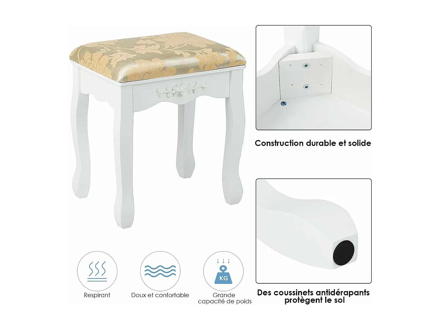 Coiffeuse Table de Maquillage avec Miroir Ovale Pivotant à 360°, 5 Tiroirs Finition Peinte, avec Tabouret Rembourré Finition Peinte, Facile à Monter (Blanc)
