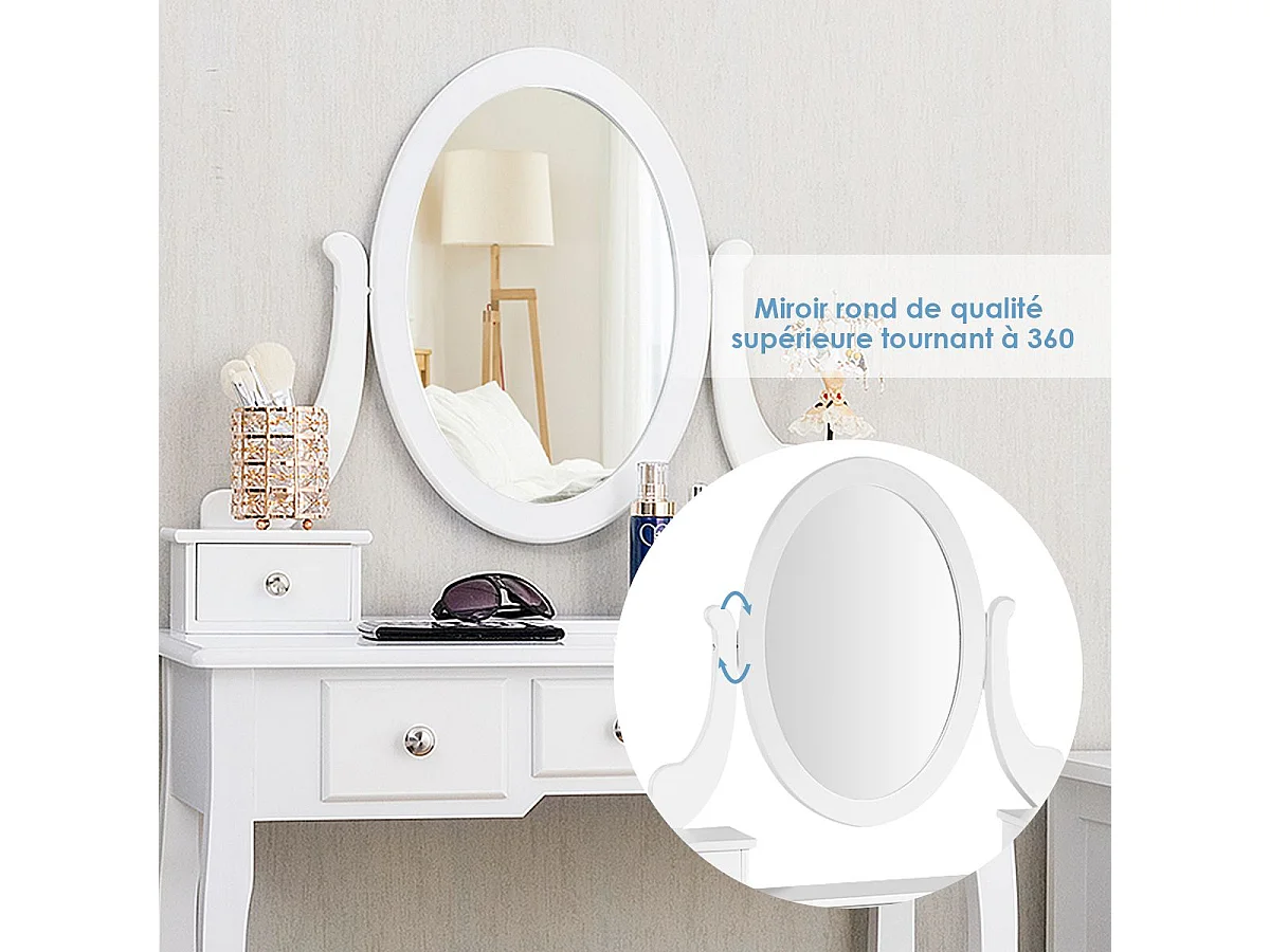 Coiffeuse Table de Maquillage avec Miroir Ovale Pivotant à 360°, 5 Tiroirs Finition Peinte, avec Tabouret Rembourré Finition Peinte, Facile à Monter (Blanc)