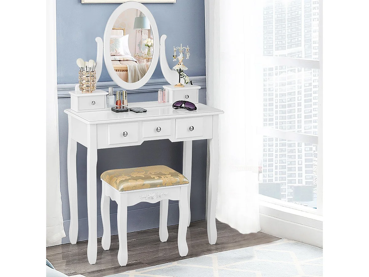 Coiffeuse Table de Maquillage avec Miroir Ovale Pivotant à 360°, 5 Tiroirs Finition Peinte, avec Tabouret Rembourré Finition Peinte, Facile à Monter (Blanc)