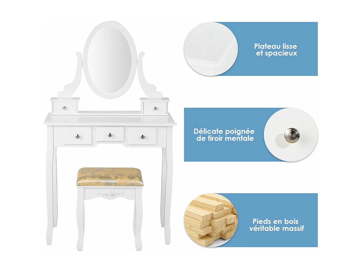Coiffeuse Table de Maquillage avec Miroir Ovale Pivotant à 360°, 5 Tiroirs Finition Peinte, avec Tabouret Rembourré Finition Peinte, Facile à Monter (Blanc)