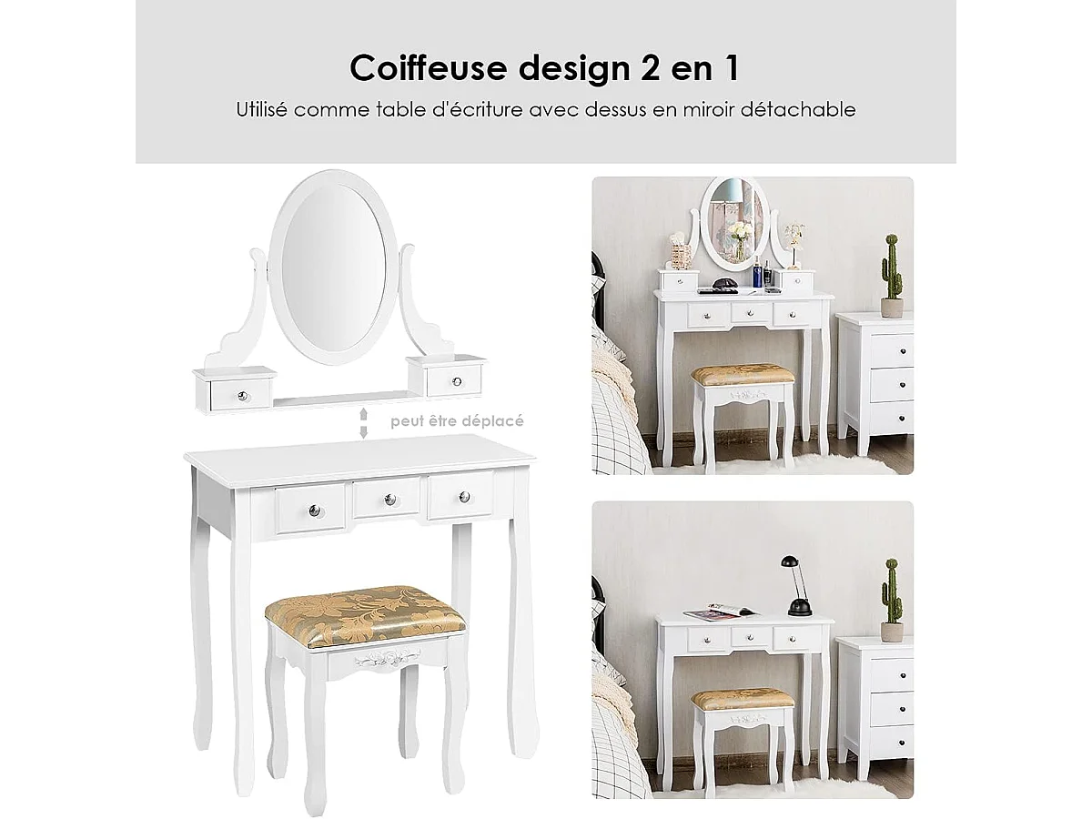 Coiffeuse Table de Maquillage avec Miroir Ovale Pivotant à 360°, 5 Tiroirs Finition Peinte, avec Tabouret Rembourré Finition Peinte, Facile à Monter (Blanc)