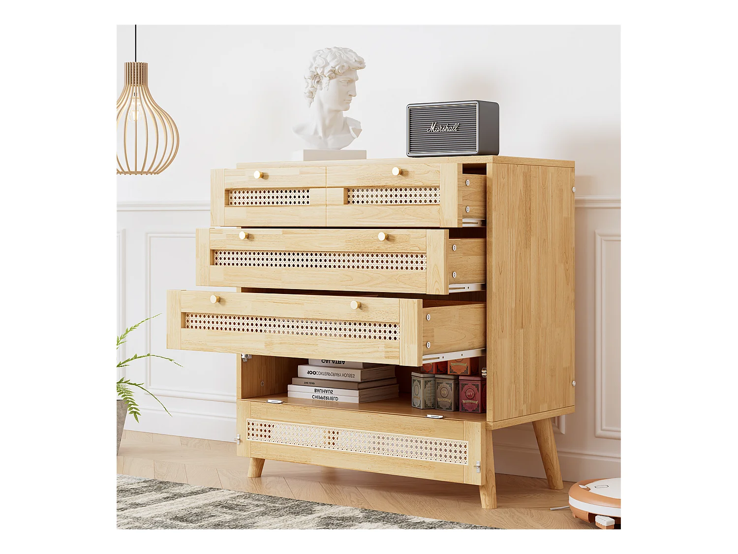 Commode Armoire avec 3 tiroirs,buffet avec plateau de tiroir en rotin,panneaux de particules,80x40x83 cm
