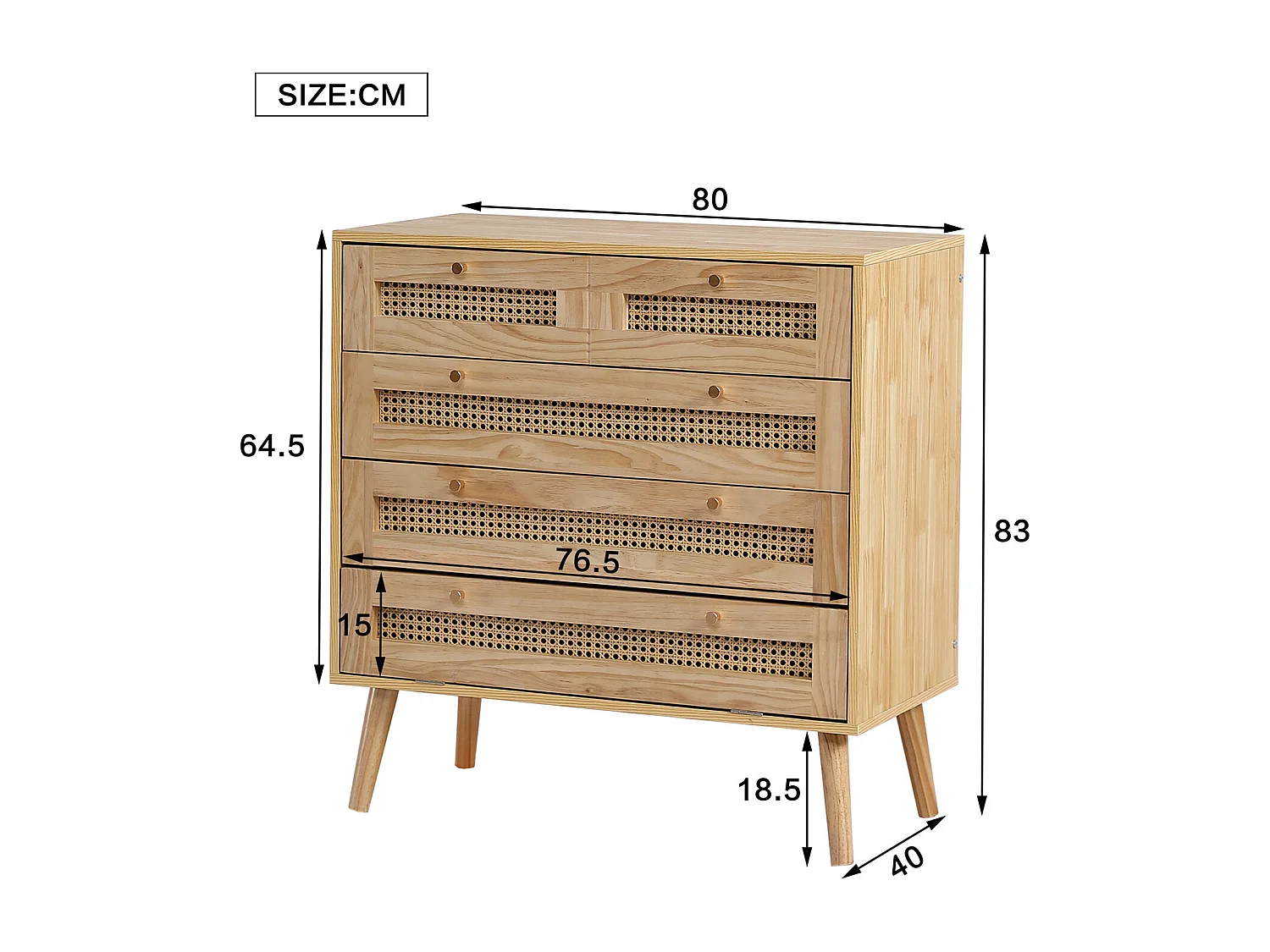 Cômoda Armário com 3 gavetas, aparador com tampo de vime, aglomerado, 80x40x83 cm
