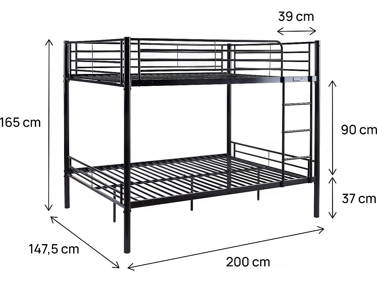 Lit superposé double "Adam" - Sommier inclus - 140 x 190 cm - Noir