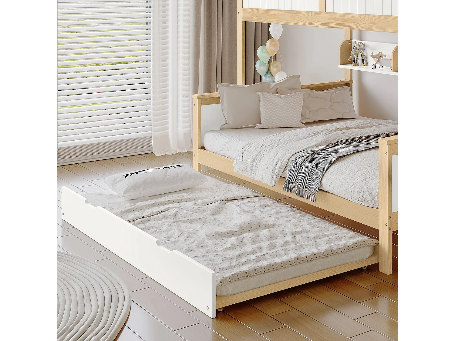 Beliche, cama infantil com proteção contra quedas e barreira, branco + natural, 90x200 + 120x200cm