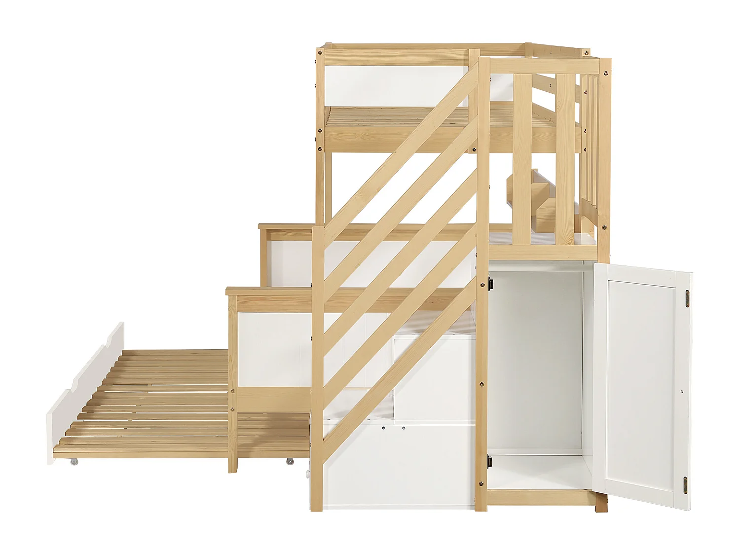 Beliche, cama infantil com proteção contra quedas e barreira, branco + natural, 90x200 + 120x200cm