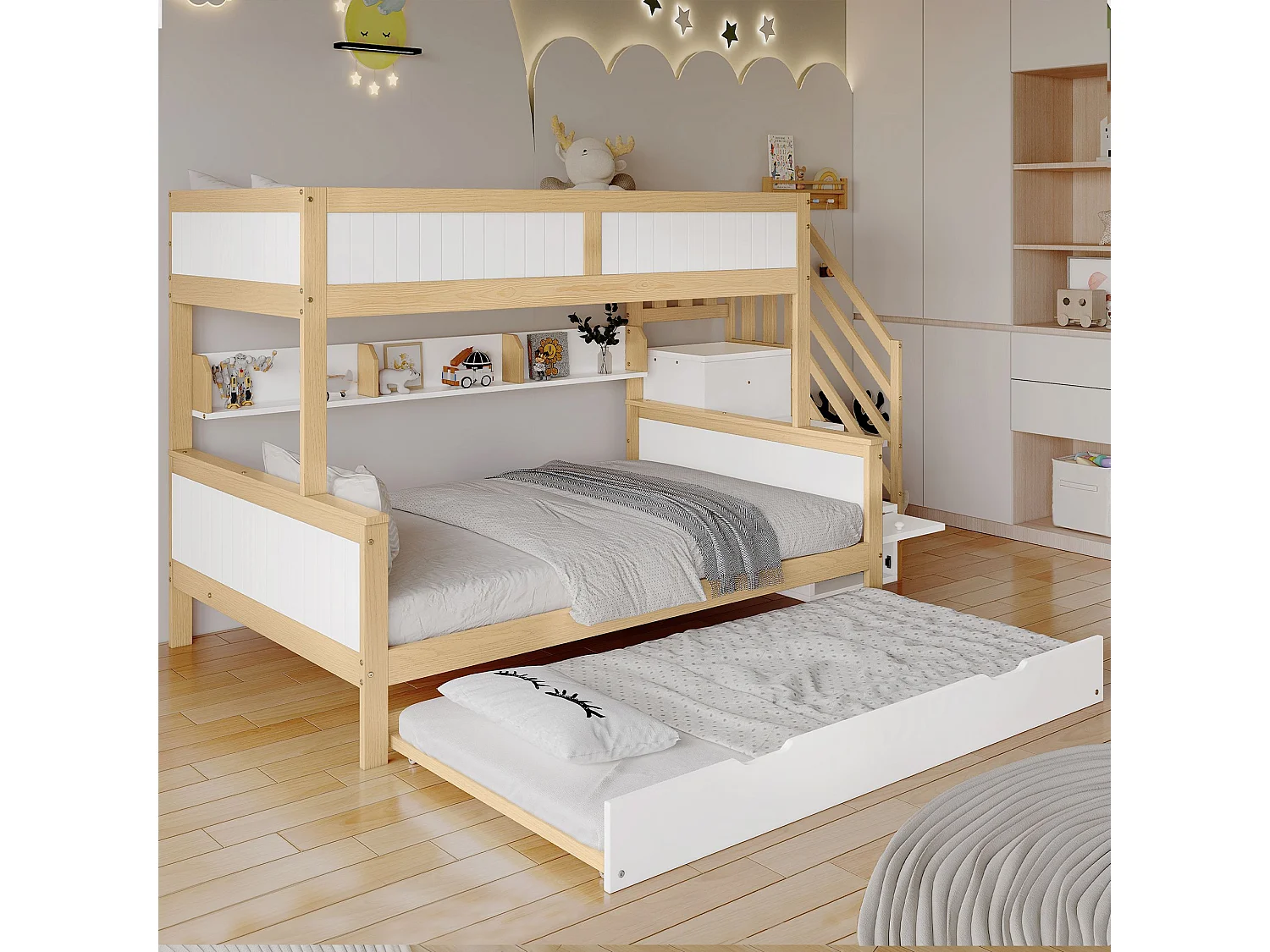 Beliche, cama infantil com proteção contra quedas e barreira, branco + natural, 90x200 + 120x200cm