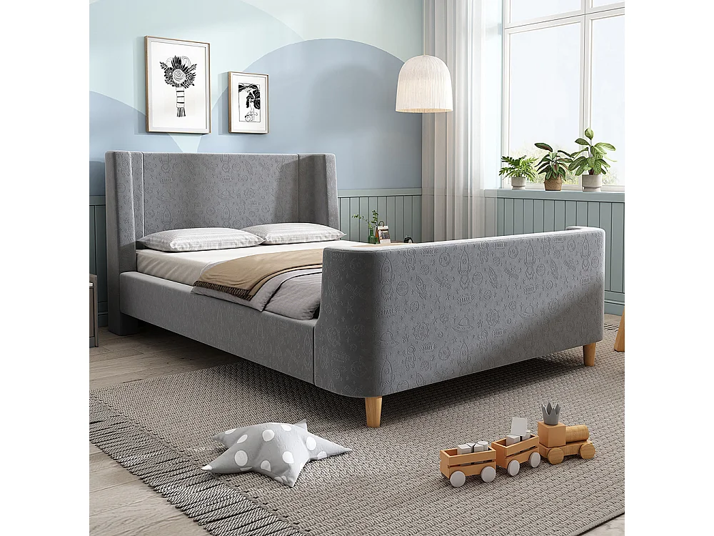 Cama infantil, cama estofada, cama trenó, 90 x 200 cm, para meninos e meninas, cinza, sem colchão