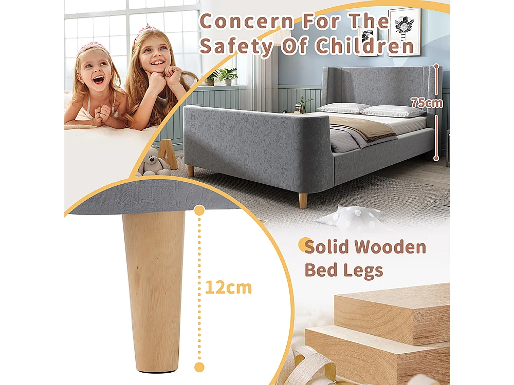 Cama infantil, cama estofada, cama trenó, 90 x 200 cm, para meninos e meninas, cinza, sem colchão