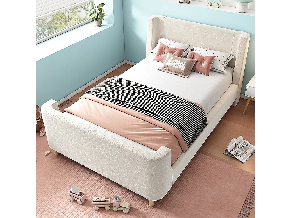 Cama infantil, cama estofada, cama de solteiro, cama de trenó, 90 x 200 cm, para meninos e meninas, bege, sem colchão