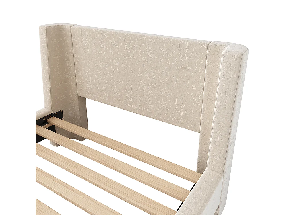 Cama infantil, cama estofada, cama de solteiro, cama de trenó, 90 x 200 cm, para meninos e meninas, bege, sem colchão