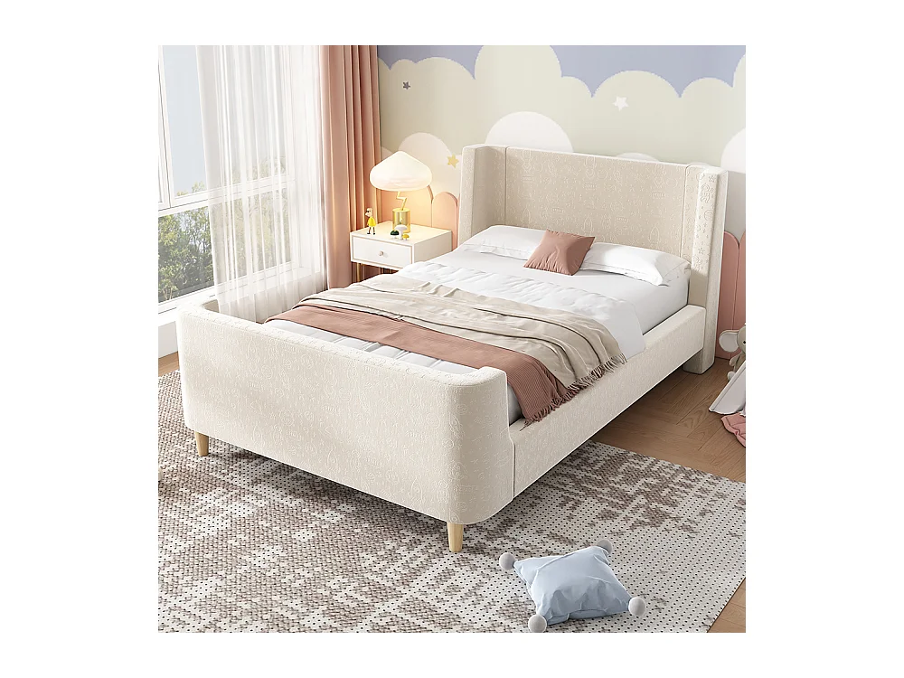 Lit d'enfant Lit rembourré,lit simple Lit traîneau , 90 x 200 cm, Pour garçons & filles, Beige, Sans matelas