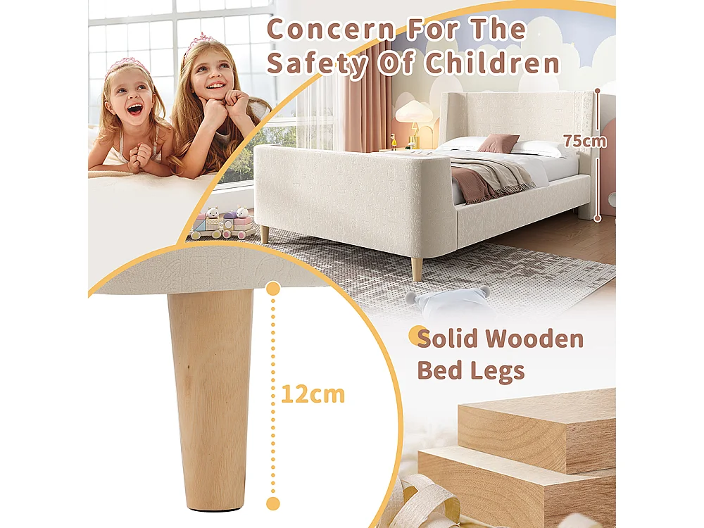 Cama infantil, cama estofada, cama de solteiro, cama de trenó, 90 x 200 cm, para meninos e meninas, bege, sem colchão