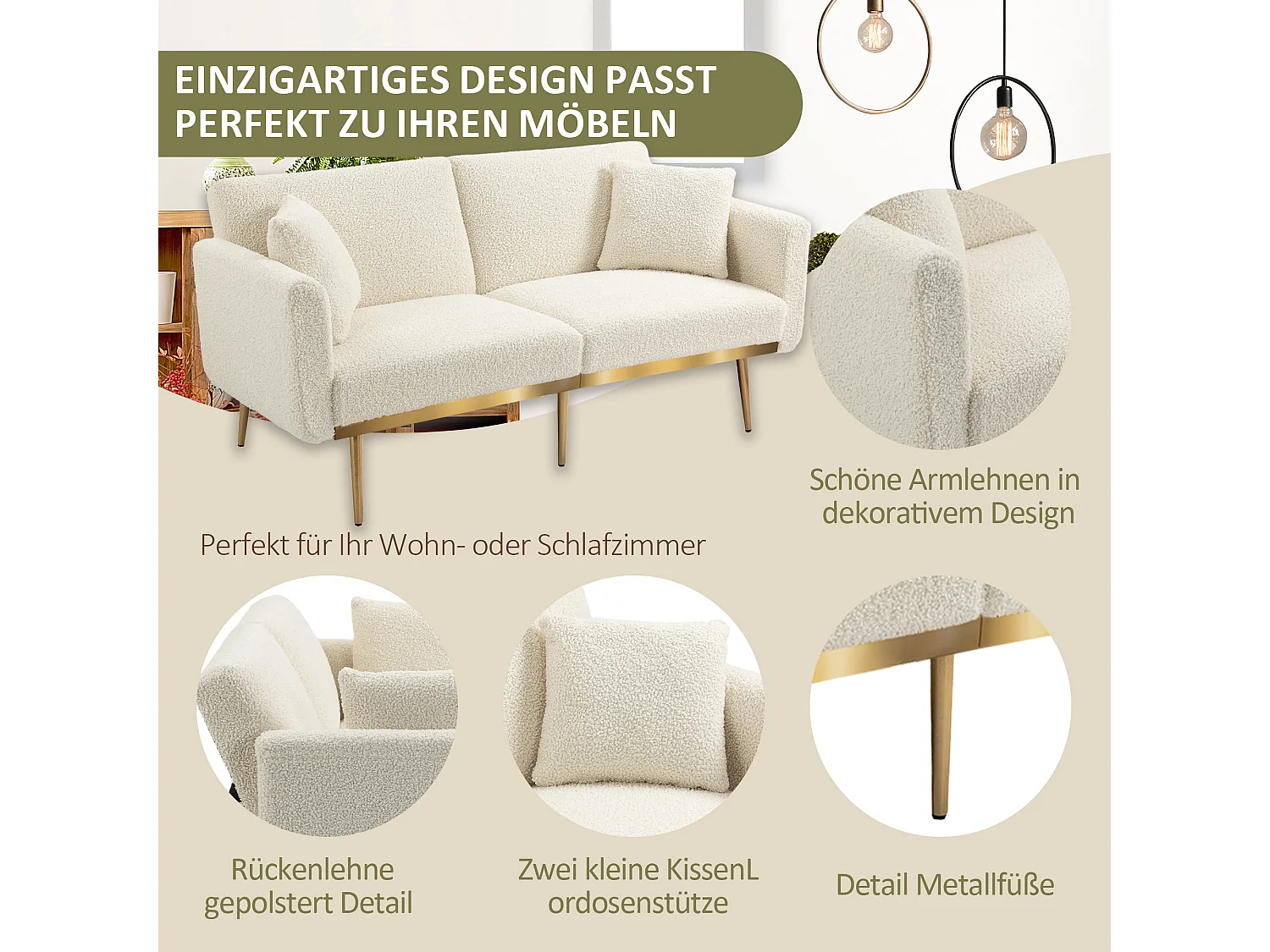 Schlafsofa mit Bettfunktion, verstellbarer Winkel, mit Kissen