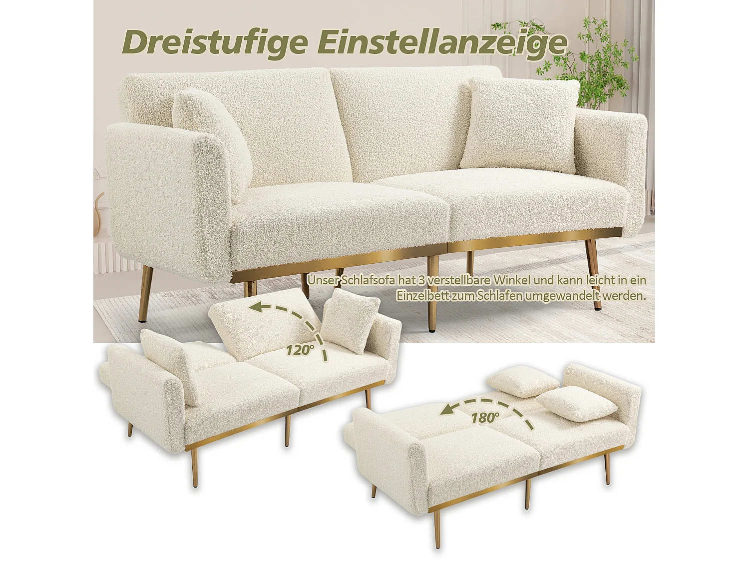 Schlafsofa mit Bettfunktion, verstellbarer Winkel, mit Kissen