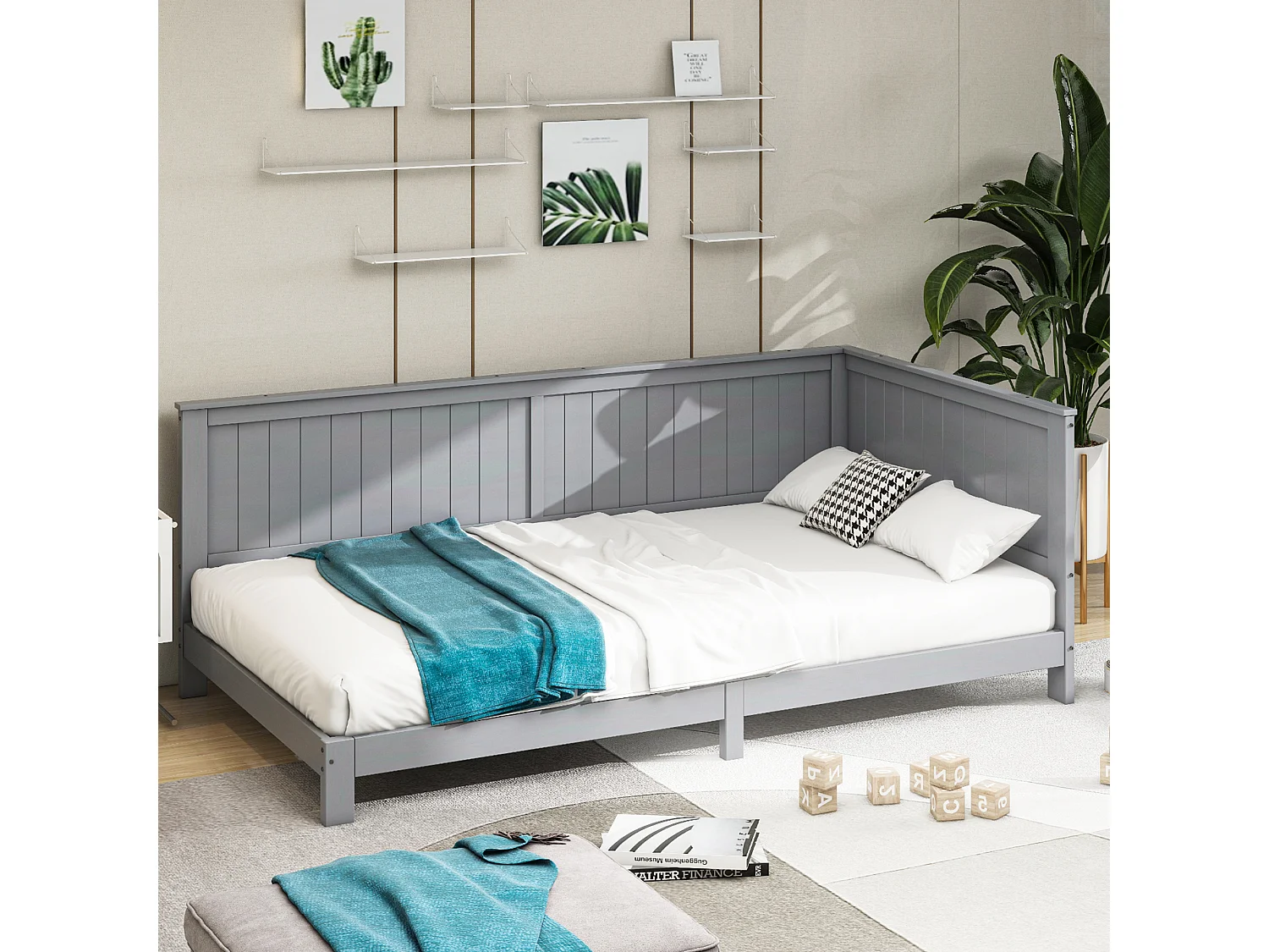 Sofá-cama de madeira 90x200 cm, cama individual infantil, cinza