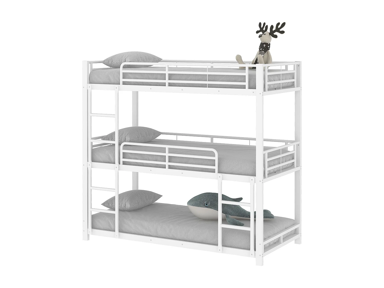 Cadre De Lit Superposé, Lit Métallique, Lit Étagé 90x200cm, Lit Triple Étagé Pour Enfants, Blanc