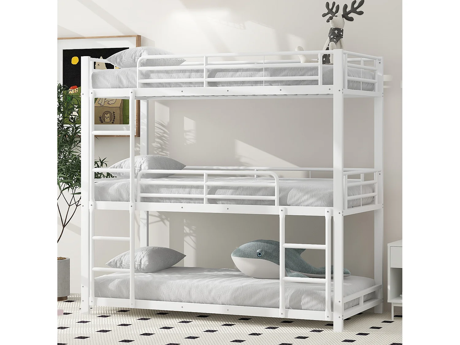 Cadre De Lit Superposé, Lit Métallique, Lit Étagé 90x200cm, Lit Triple Étagé Pour Enfants, Blanc