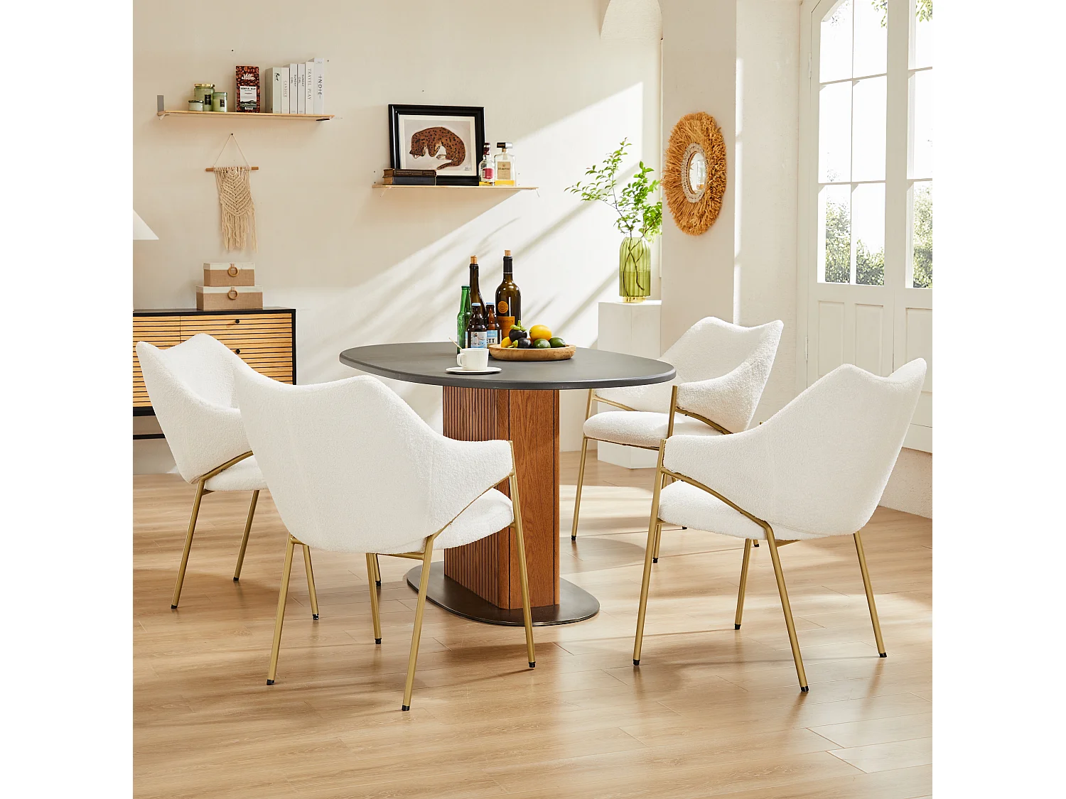 Cadeira de jantar de veludo Sherpa com braços, almofada grossa, confortável, versátil, bege, 52x48x84 cm, conjunto de 4