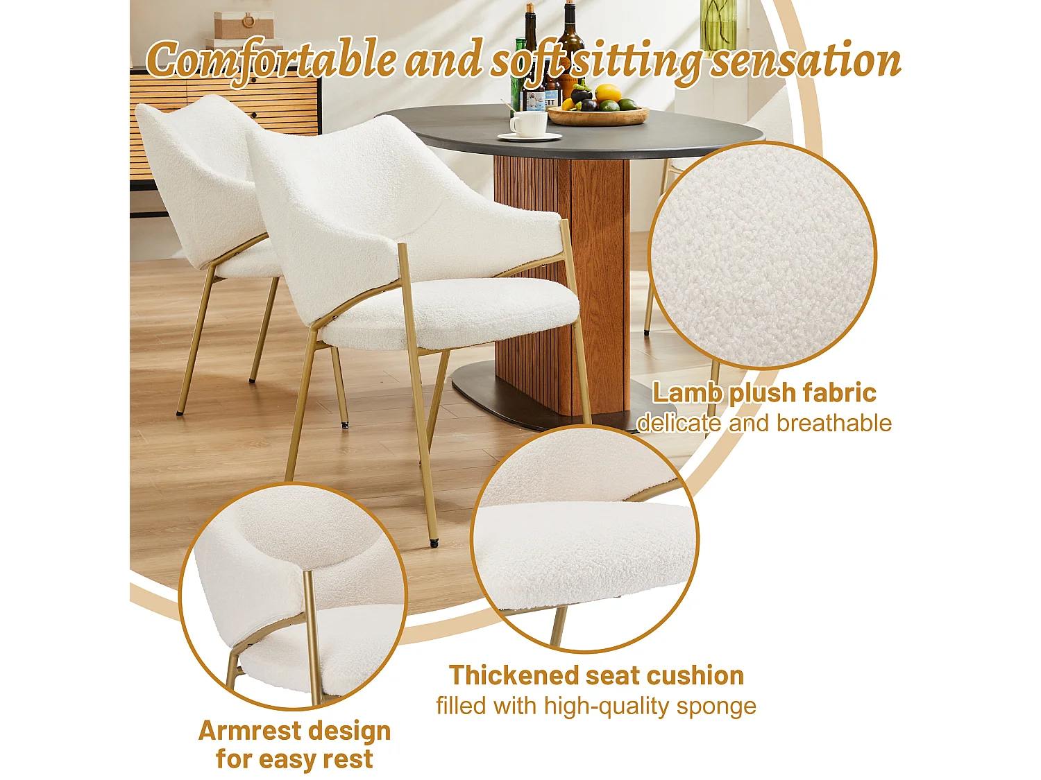 Cadeira de jantar de veludo Sherpa com braços, almofada grossa, confortável, versátil, bege, 52x48x84 cm, conjunto de 4