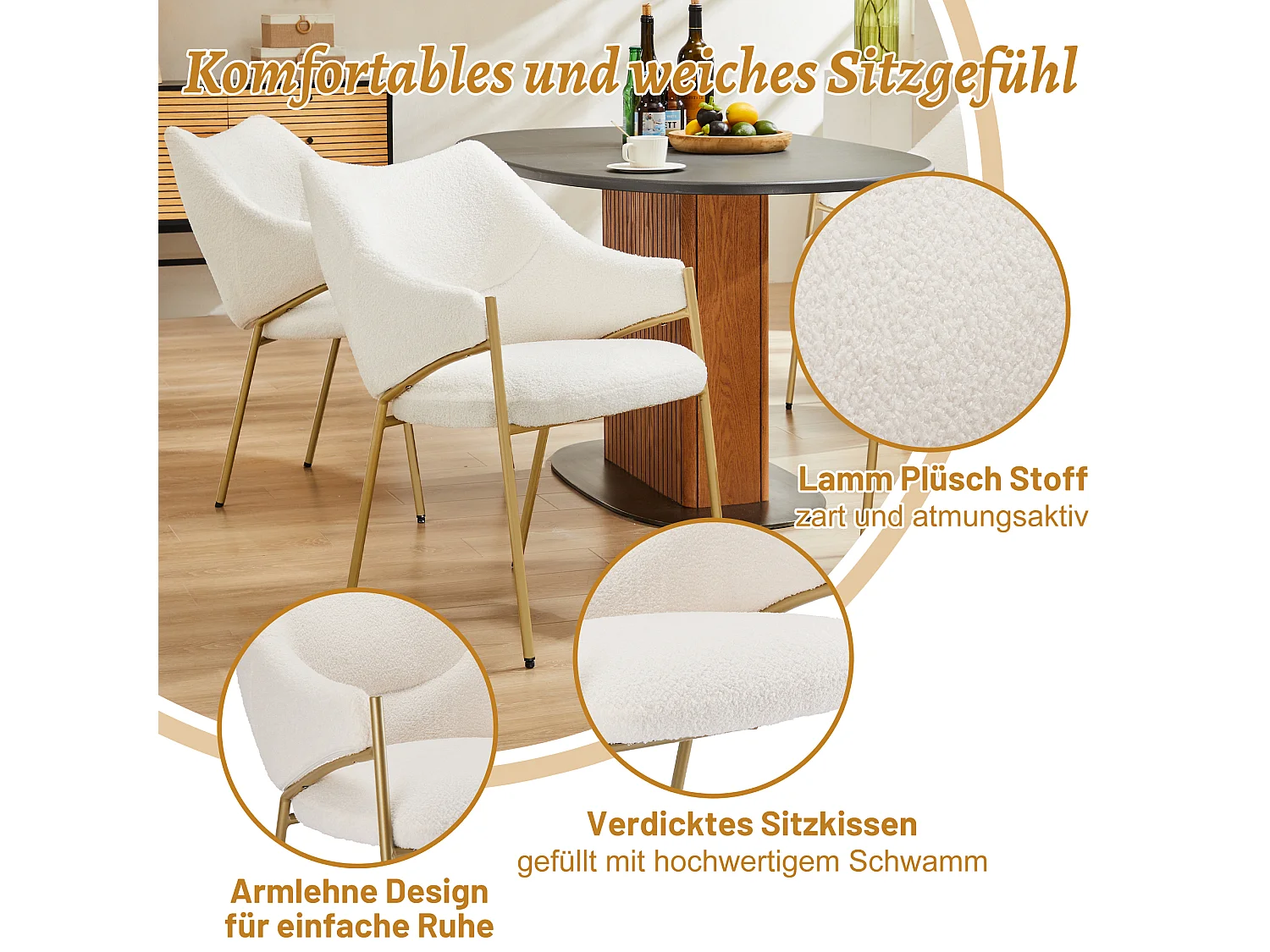 Cadeira de jantar de veludo Sherpa com braços, almofada grossa, confortável, versátil, bege, 52x48x84 cm, conjunto de 4