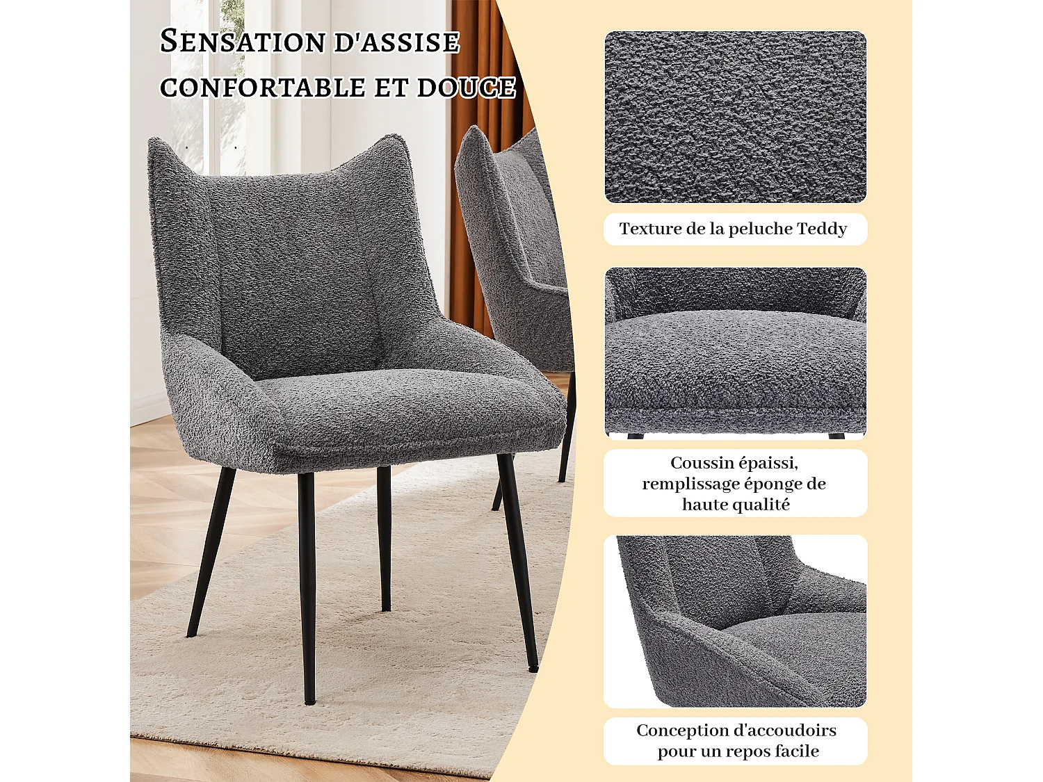 Silla de comedor de terciopelo con cojín de peluche grueso y cómodo, multifuncional, gris, 56 x 47 x 86 cm, juego de 2