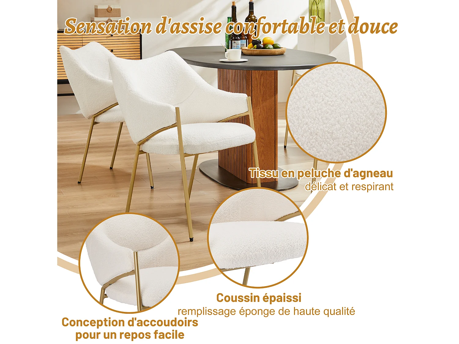 Cadeira de jantar de veludo Sherpa com braços, almofada grossa, confortável, versátil, bege, 52x48x84 cm, conjunto de 1