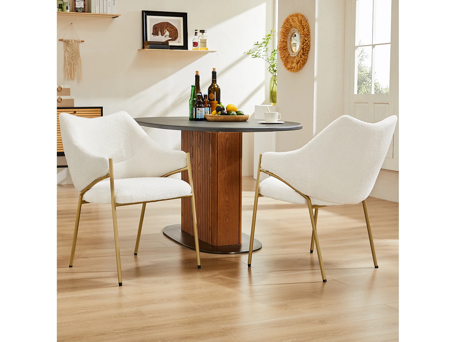 Esszimmerstuhl aus Samt, Sherpa, mit Armlehnen, dickes Kissen, bequem, vielseitig, Beige, 52 x 48 x 84 cm, 2er-Set