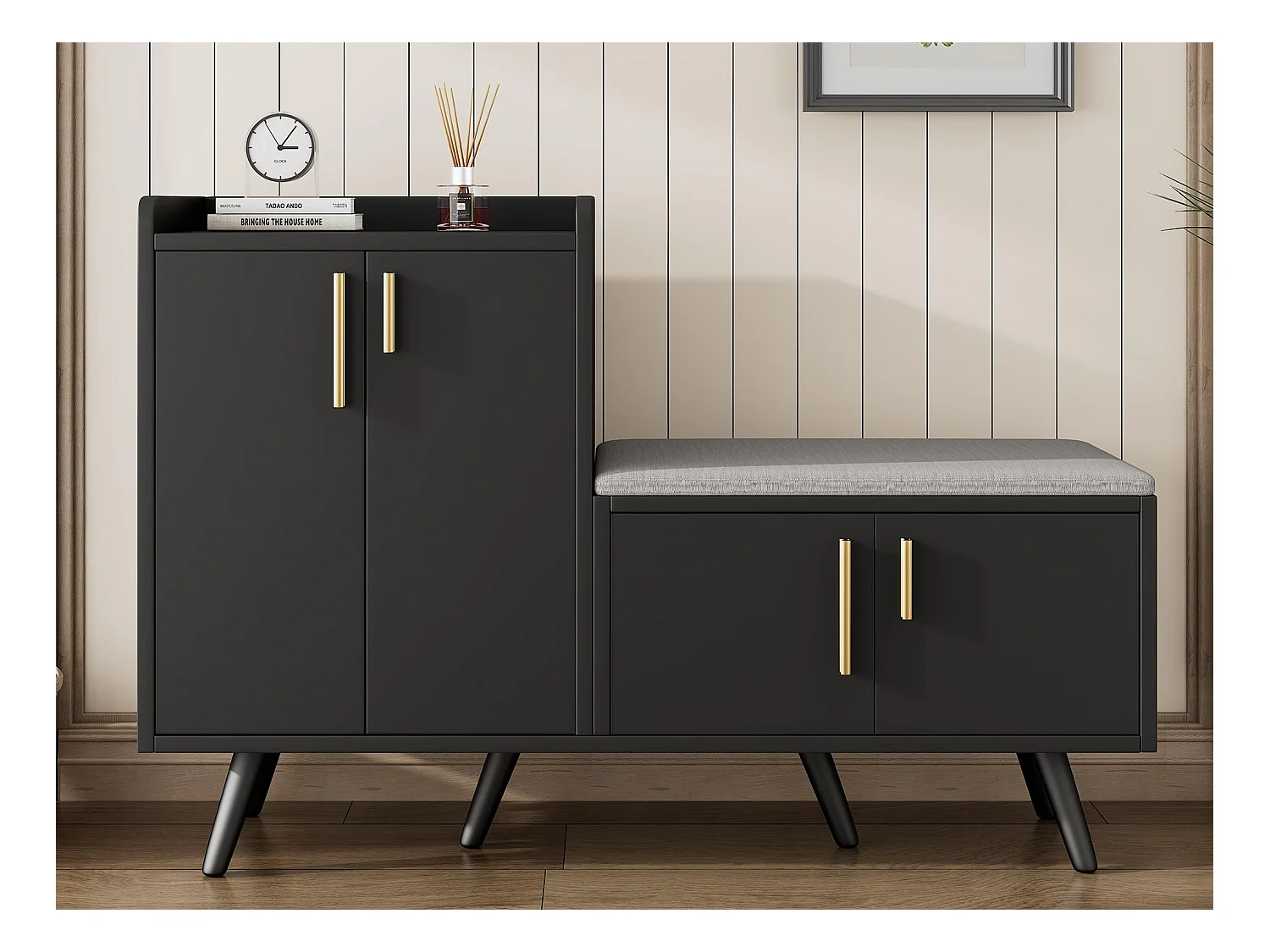 Meuble à chaussures - avec une banquette et 4 portes - Noir