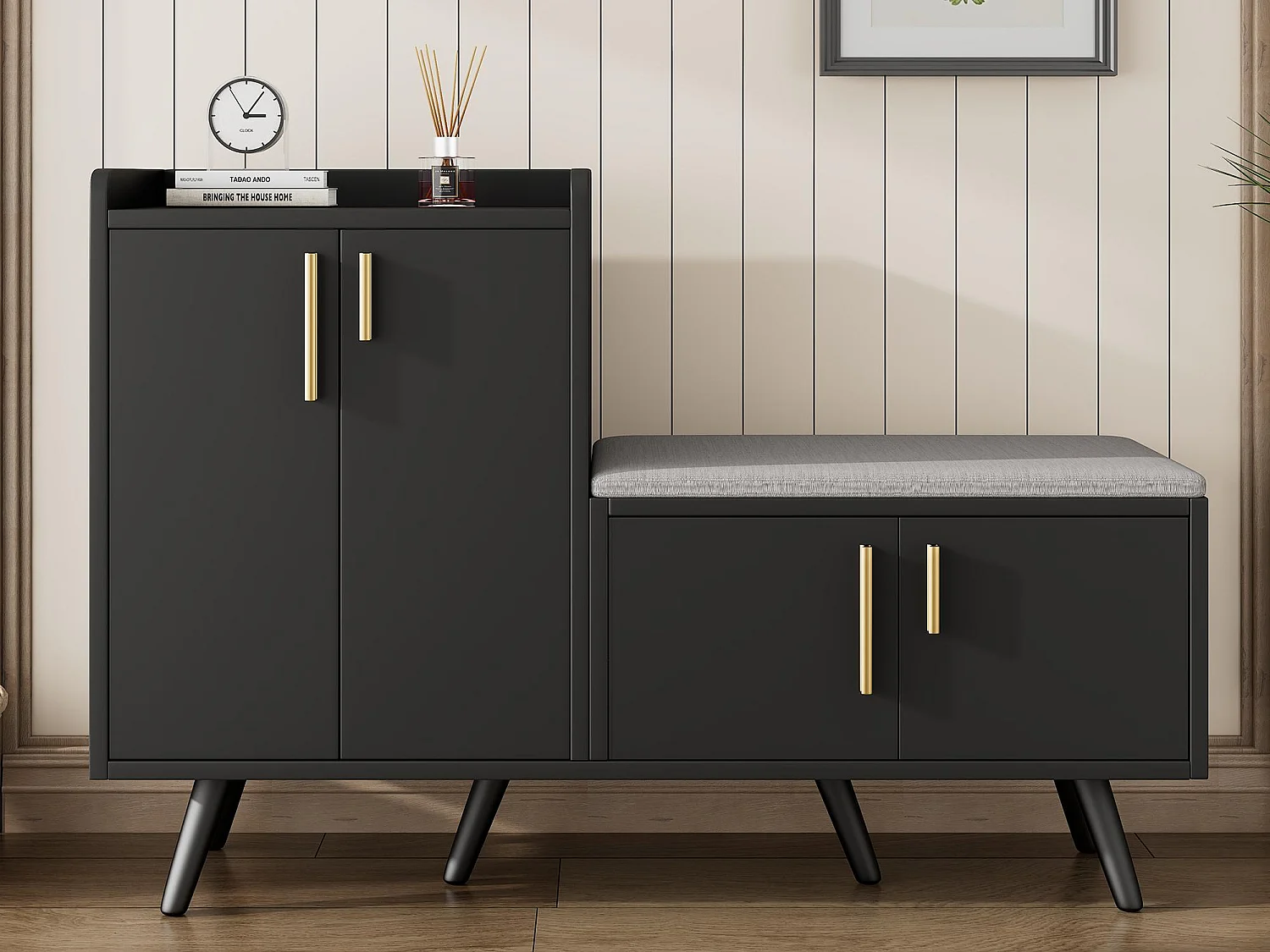 Schuhschrank - mit Bank und 4 Türen - Schwarz