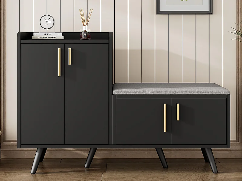 Schuhschrank - mit Bank und 4 Türen - Schwarz