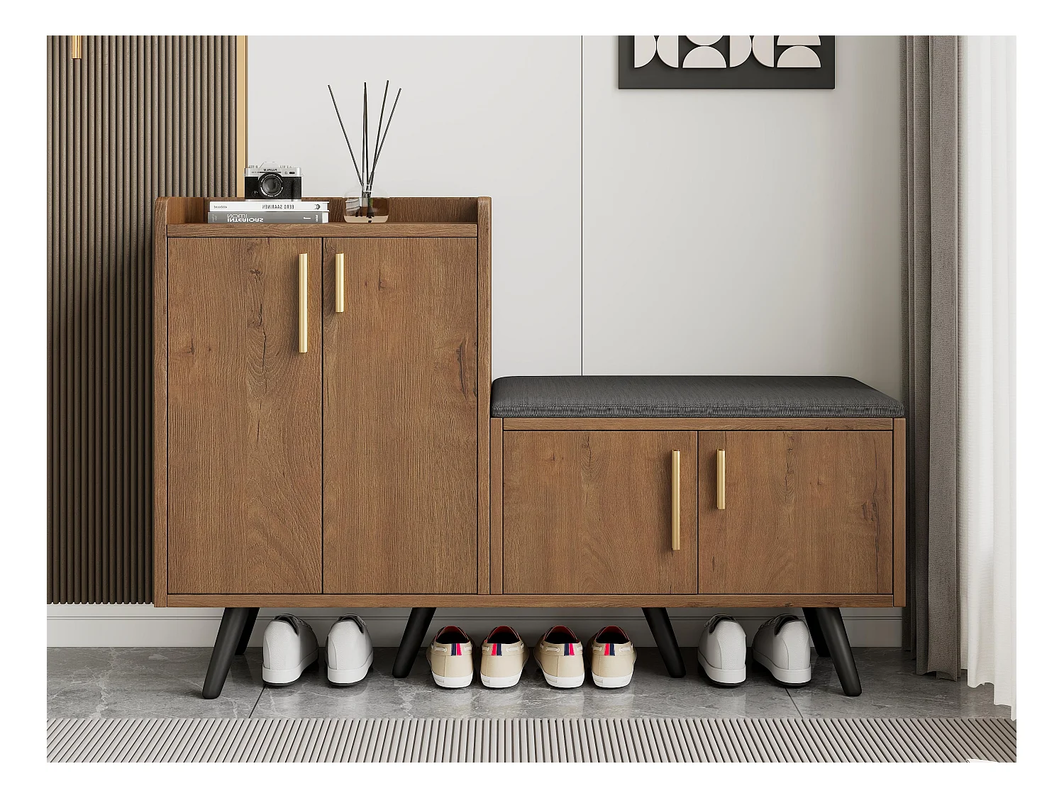 Meuble à chaussures - avec une banquette et 4 portes - Marron