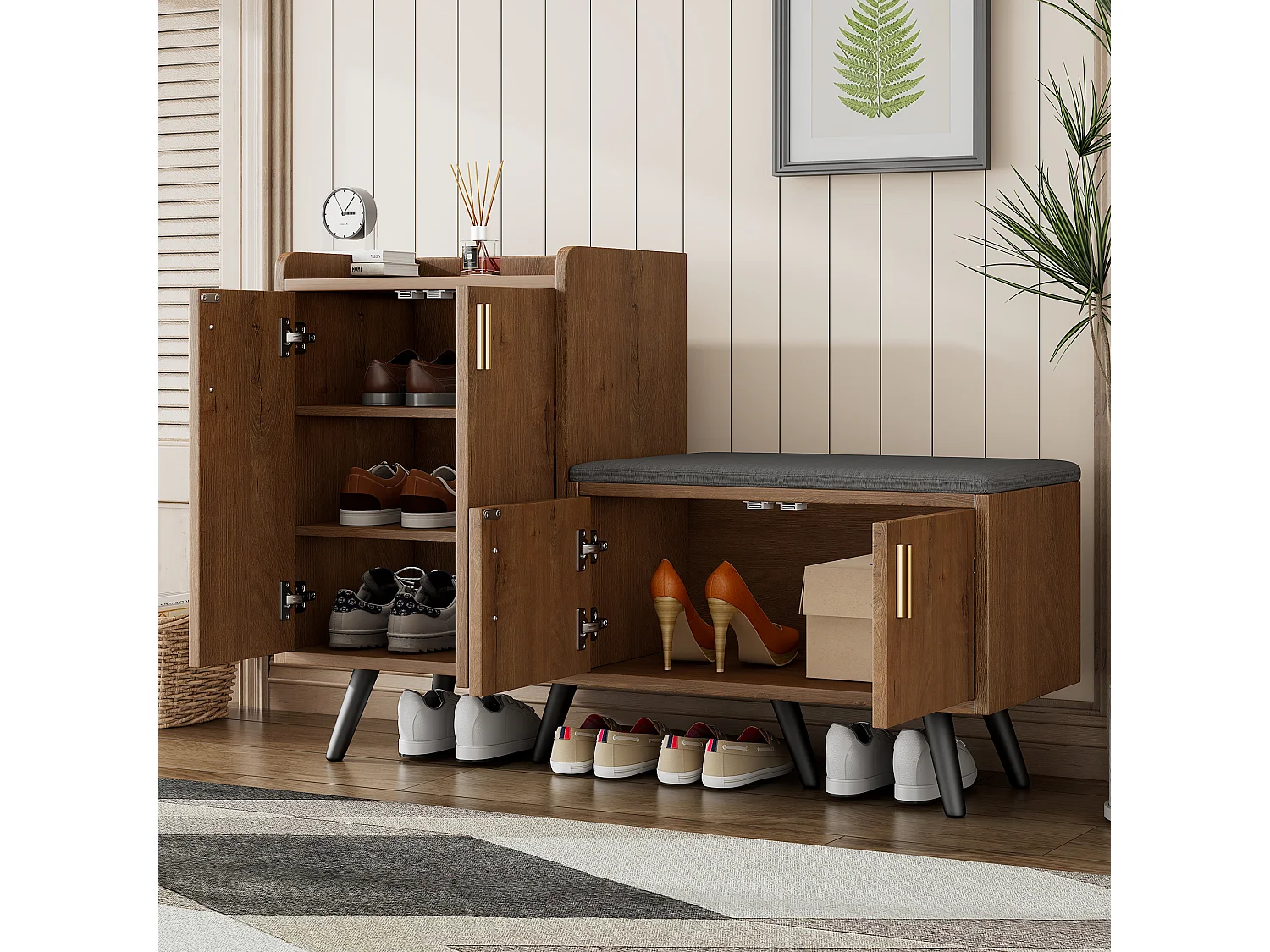 Schuhschrank - mit Bank und 4 Türen - Braun