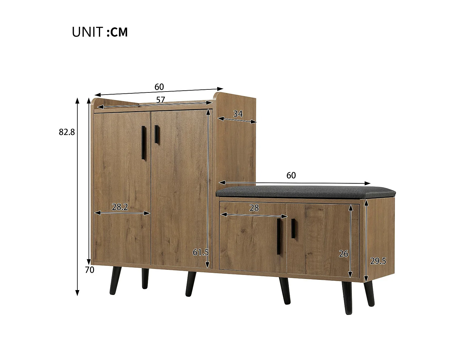 Schuhschrank - mit Bank und 4 Türen - Braun