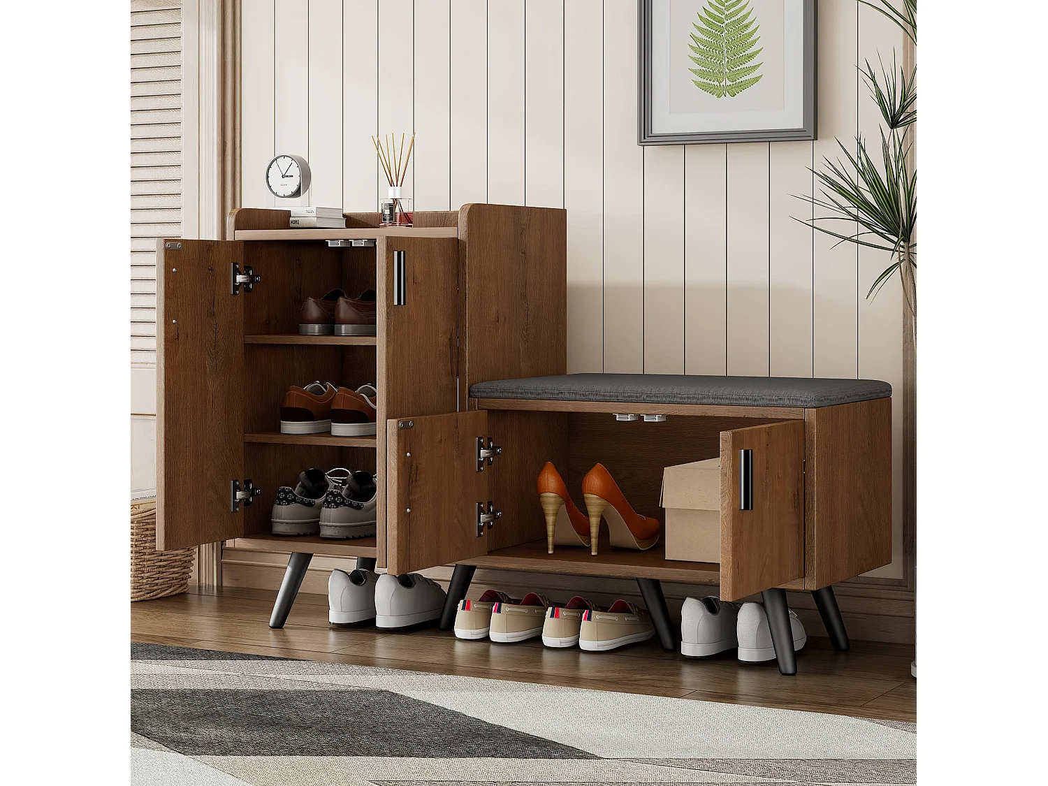 Meuble à chaussures - avec une banquette et 4 portes - Marron