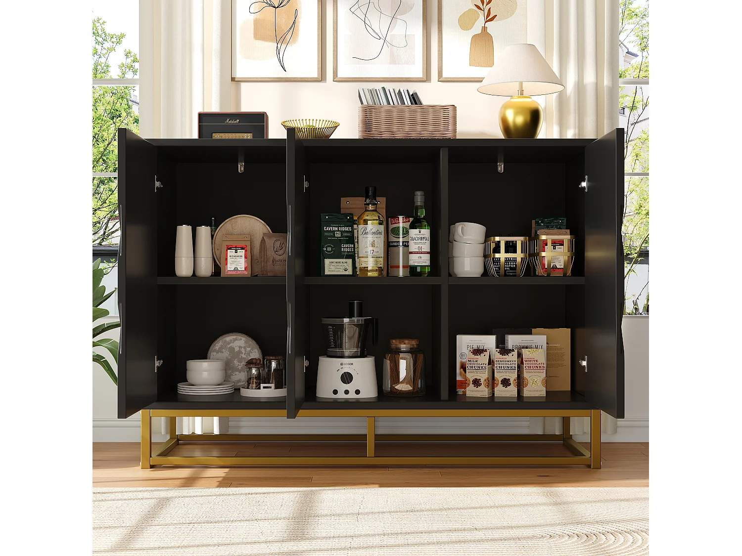 Buffet moderne 120×40×85 cm - 3 portes avec étagères réglables - Noir