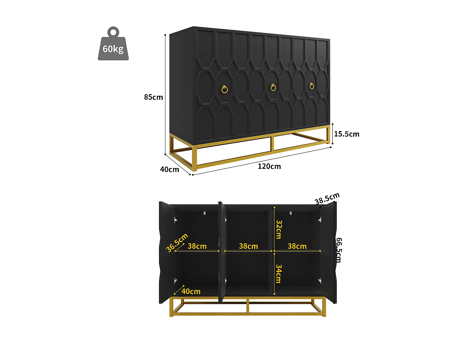 Buffet moderne 120×40×85 cm - 3 portes avec étagères réglables - Noir
