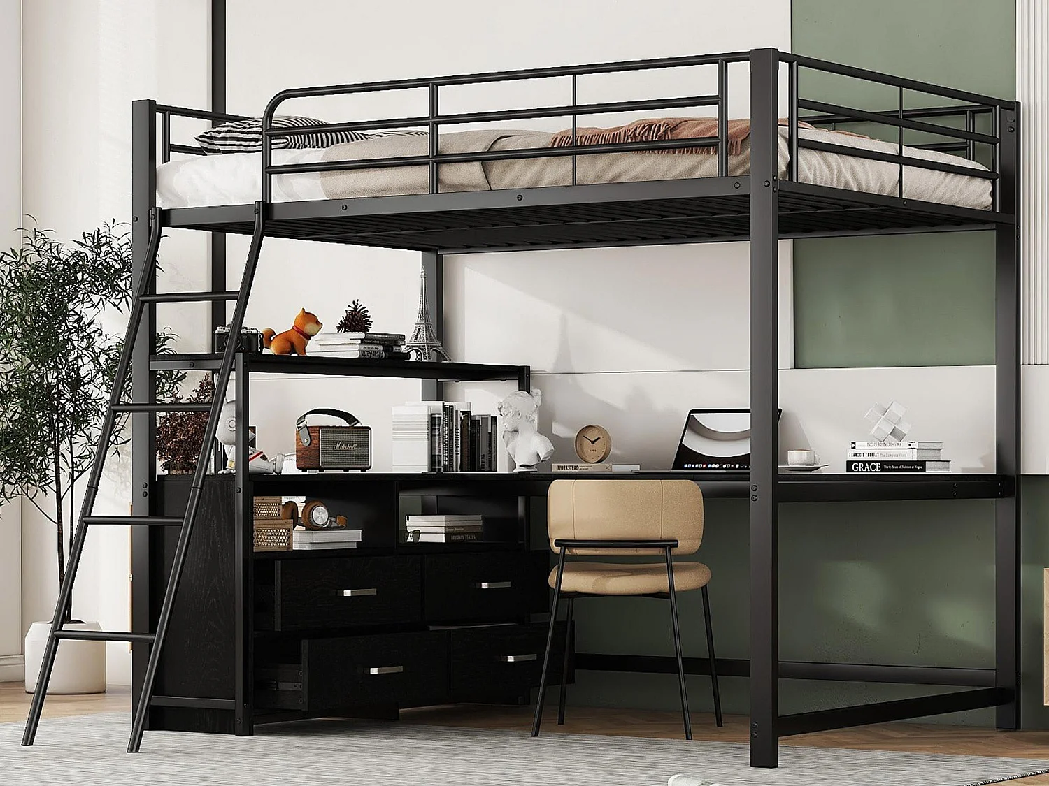 Letto a soppalco 140x200cm - scrivania angolare con cassetti - in MDF e metallo - Nero