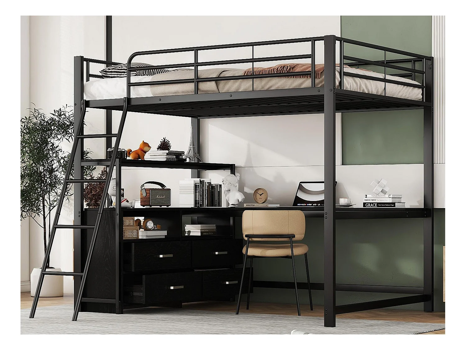 Lit mezzanine 140x200cm - bureau d'angle avec tiroirs - en MDF et métal - Noir